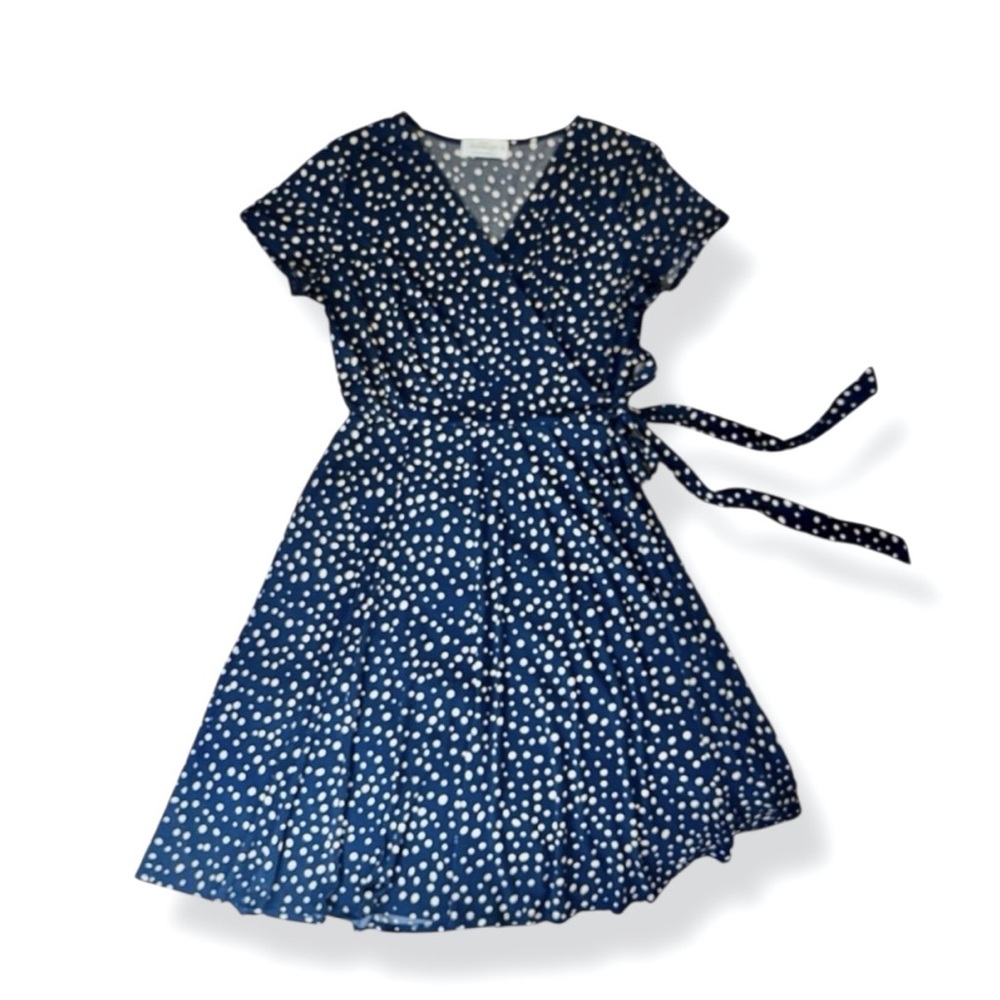 Kayleigh Navy Polka Dot Faux Wrap Midi Dress Size S